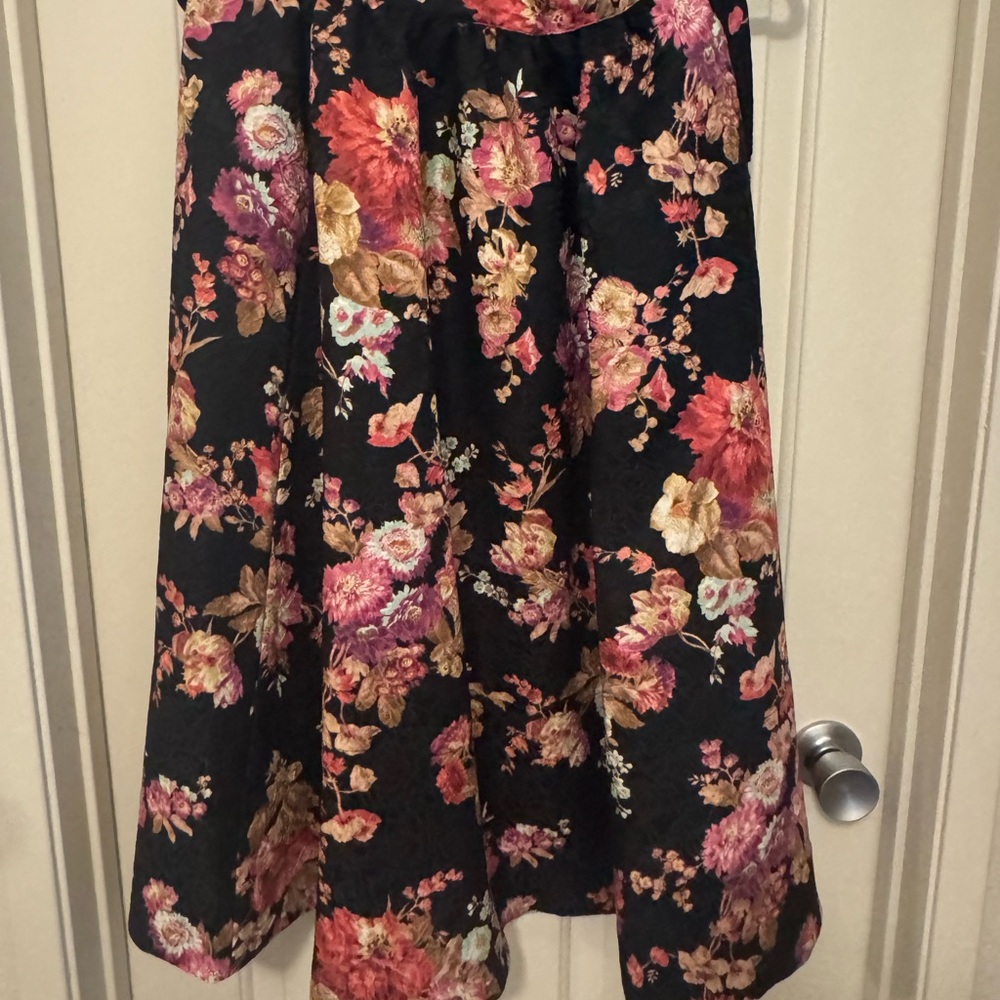 Anthropologie Black Skater Skirt with Pink & Gold Floral Print